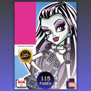 Può includere: Una copertina di un libro da colorare digitale con un personaggio stilizzato dalla pelle verde pallido, capelli bianchi e neri e un outfit a quadri. Include un sigillo dorato Premium Quality, icone PDF e PNG e il testo 115 PAGES.