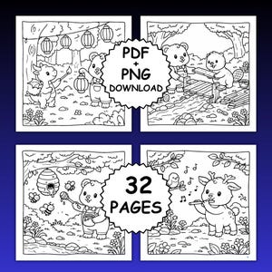 Skogssagor – Djärv och enkel målarbok, 32 söta mysiga skogssidor, kawaii skogsvänner, avkopplande målarbok, utskrivbar PDF + PNG bild 3