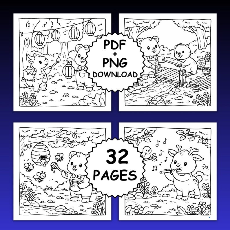 Skogssagor – Djärv och enkel målarbok, 32 söta mysiga skogssidor, kawaii skogsvänner, avkopplande målarbok, utskrivbar PDF + PNG bild 3
