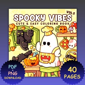 Pode incluir: Capa de livro de colorir digital com o título "Spooky Vibes" e o subtítulo "Cute & Easy Coloring Book". A ilustração apresenta um chef fantasma, gatos pretos, abóboras e cogumelos. Inclui "PDF + PNG Download" e "40 Pages".