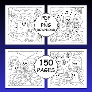 Op de afbeelding: Vier Halloween-kleurplaten met grillige illustraties van geesten, skeletten, katten en pompoenen. De pagina's zijn in zwart en wit, met de tekst "PDF + PNG DOWNLOAD" en "150 PAGES" in het midden.
