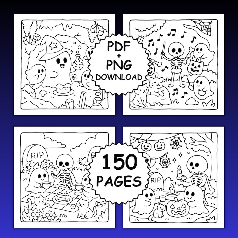 Op de afbeelding: Vier Halloween-kleurplaten met grillige illustraties van geesten, skeletten, katten en pompoenen. De pagina's zijn in zwart en wit, met de tekst "PDF + PNG DOWNLOAD" en "150 PAGES" in het midden.
