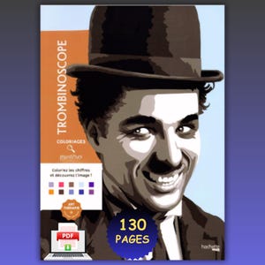 Può includere: Un libro da colorare intitolato TROMBINOSCOPE con un'illustrazione stilizzata di una persona che indossa una bombetta. La copertina include il testo COLORIAGES MYSTÈRES, ART THÉRAPIE, 130 PAGES e un'icona PDF. Il design usa toni arancioni, blu e neri.