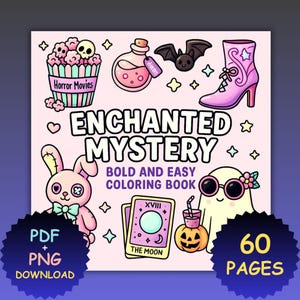 Puede incluir: Portada de libro para colorear rosa con el título "Enchanted Mystery". Ilustraciones de un murciélago, una botella de poción, una bota de tacón alto, un fantasma, un conejito, palomitas de maíz y cartas del tarot. También está el texto "Bold and Easy Coloring Book".