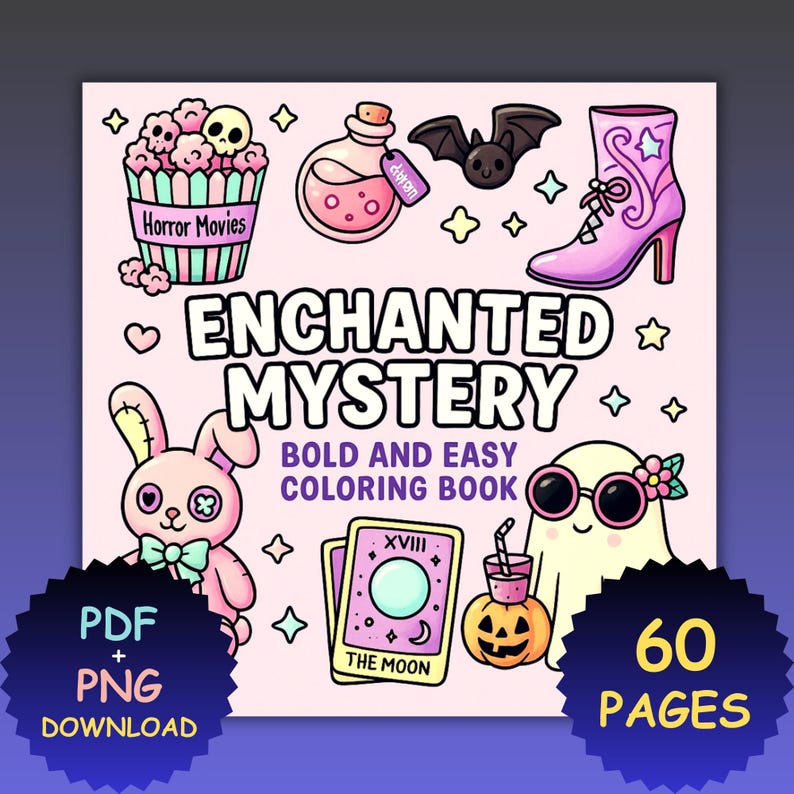 Enchanted Mystery - Cute Bold and Easy Coloring Book for Adults & Teens 60 Magical Pages PDF + PNG Procreate and Print Fun, coloring pages, coloring book, pages coloring, coloring, adult coloring, bold and easy, simple coloring, coco wyo, cocowyo