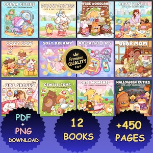 May include: A digital collection of 12 colouring books featuring various themes like Ocean Cuties, Fuzzy Cuties, and Halloween Cuties. The set includes 450 pages available as PDF and PNG downloads, displayed in a grid of colourful illustrated covers.