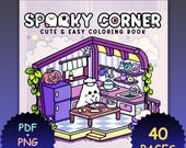 Spooky Corner Halloween Coloring Book, Bold Easy Kawaii Scenes (PDF & PNG)