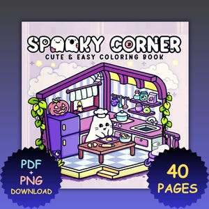 May include: A coloring book cover with the title "SPARKY CORNER" and the subtitle "CUTE & EASY COLORING BOOK". The illustration features a cartoon ghost chef in a kitchen with a pumpkin and the text "PDF + PNG DOWNLOAD" and "40 PAGES".