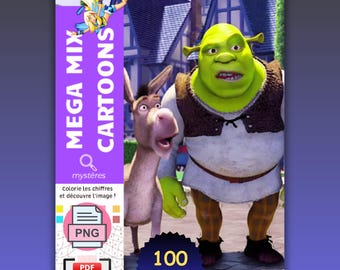 Libro da colorare con i numeri: Mega Mix di cartoni animati, 100 pagine (download digitale in formato PDF e PNG)
