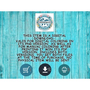 May include: A digital download graphic on a turquoise wooden background. The graphic includes the text "Coloring World" and instructions for digital and manual coloring. Icons for a shopping cart, download, and printer are also present.