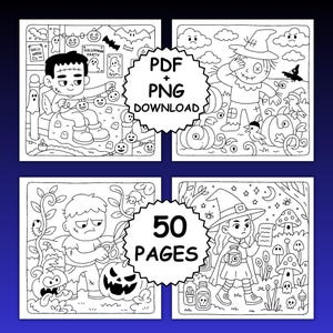 Może przedstawiać: Czarno-białe kolorowanki o tematyce Halloween. Obraz zawiera ilustracje Frankensteina, stracha na wr&oacute;ble, zombie i czarownicy. Tekst na obrazie m&oacute;wi "PDF + PNG DOWNLOAD" i "50 PAGES".