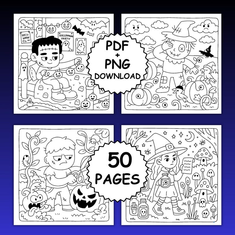 Może przedstawiać: Czarno-białe kolorowanki o tematyce Halloween. Obraz zawiera ilustracje Frankensteina, stracha na wr&oacute;ble, zombie i czarownicy. Tekst na obrazie m&oacute;wi "PDF + PNG DOWNLOAD" i "50 PAGES".