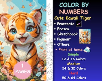 Kawaii Tiger Color By Numbers Book, Printable Pages (PDF, PNG, SVG)