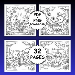 Skogssagor – Djärv och enkel målarbok, 32 söta mysiga skogssidor, kawaii skogsvänner, avkopplande målarbok, utskrivbar PDF + PNG bild 2
