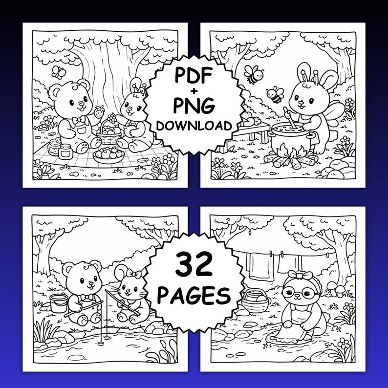 Skogssagor – Djärv och enkel målarbok, 32 söta mysiga skogssidor, kawaii skogsvänner, avkopplande målarbok, utskrivbar PDF + PNG bild 2