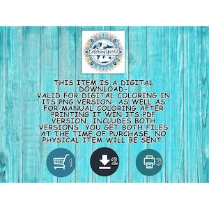May include: Digital download graphic with the text "Coloring World." The text below states the item is a digital download valid for digital coloring in PNG and PDF versions. Includes icons of a shopping cart, download arrow, and printer.
