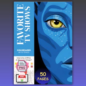 Peut inclure: Un livre de coloriage intitulé FAVORITE TV SHOWS avec un personnage à la peau bleue et un grand œil jaune sur la couverture. La couverture inclut le texte COLORIAGES MYSTERES, 50 PAGES et des instructions de coloriage. Icônes PNG et PDF visibles.