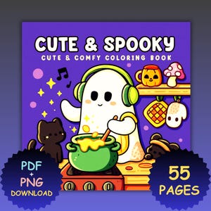 May include: A digital coloring book cover with the text "CUTE & SPOOKY" and "CUTE & COMFY COLORING BOOK". The image features a cartoon ghost wearing headphones, cooking in a cauldron, with a black cat and other Halloween-themed illustrations. Includes "PDF + PNG DOWNLOAD" and "55 PAGES".