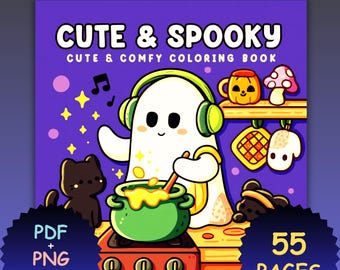 Cute & Spooky Coloring Book PDF PNG Bold Easy Halloween Ghosts Kawaii Creepy Cozy Coco Wyo Style Procreate Digital Printable