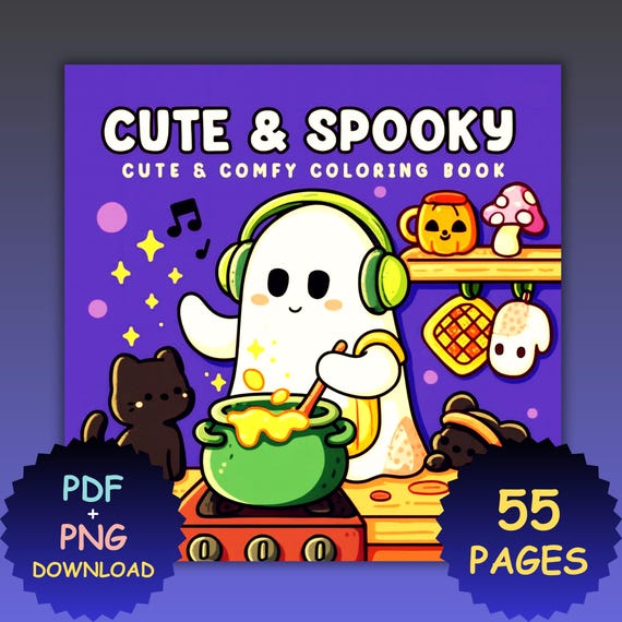 Cute & Spooky Coloring Book PDF PNG Bold Easy Halloween Ghosts Kawaii Creepy Cozy Coco Wyo Style Procreate Digital Printable