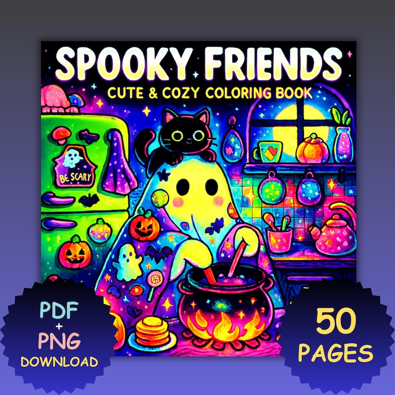 Może przedstawiać: Kolorowa ilustracja do kolorowanki zatytułowanej "Spooky Friends". Okładka przedstawia ducha, czarnego kota, dynie i kocioł. Tekst zawiera "Cute & Cozy Coloring Book", "Be Scary", "PDF + PNG Download" i "50 Pages".