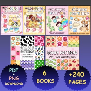 Pu&ograve; includere: Una collezione di sei libri da colorare digitali con titoli come How to Color Cute Stuff, Coloring Tutorial, How to Draw Easy Patterns, Simple Patterns e Comfy Patterns. Include file PDF e PNG con 240 pagine di illustrazioni.