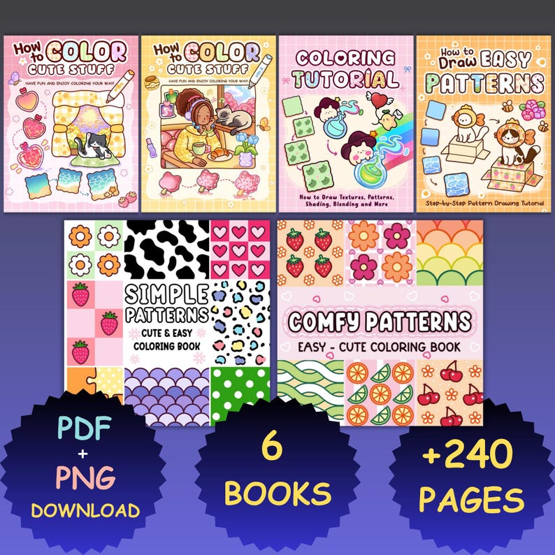 Pu&ograve; includere: Una collezione di sei libri da colorare digitali con titoli come How to Color Cute Stuff, Coloring Tutorial, How to Draw Easy Patterns, Simple Patterns e Comfy Patterns. Include file PDF e PNG con 240 pagine di illustrazioni.