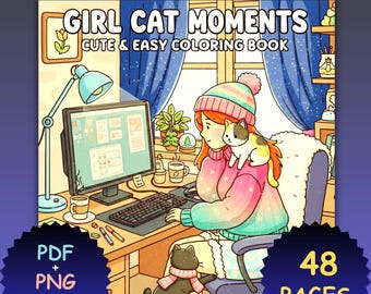 Cozy Girl and Cat Coloring Book | Relaxing Kawaii Scenes (PDF & PNG Download)