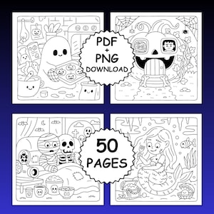 Może przedstawiać: Czarno-biała kolorowanka o tematyce Halloween z czterema kwadratowymi ilustracjami. Ilustracje obejmują ducha piekącego, dom z dyni, mumię i szkielet w ł&oacute;żku oraz syrenę. Tekst "PDF + PNG DOWNLOAD" i "50 PAGES" są dołączone.