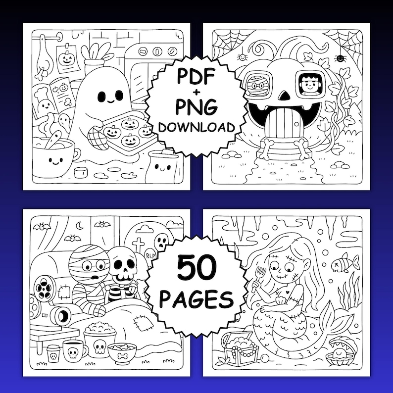 Może przedstawiać: Czarno-biała kolorowanka o tematyce Halloween z czterema kwadratowymi ilustracjami. Ilustracje obejmują ducha piekącego, dom z dyni, mumię i szkielet w ł&oacute;żku oraz syrenę. Tekst "PDF + PNG DOWNLOAD" i "50 PAGES" są dołączone.