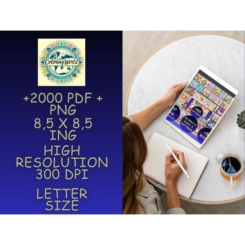 Pu&ograve; includere: Una collezione digitale di 2000 file PDF e PNG con una risoluzione di 300 DPI, formato lettera, 8,5 x 8,5 pollici. Il logo Coloring World presenta una mappa del mondo all'interno di un mandala. Lo schermo del tablet mostra vari motivi colorati.