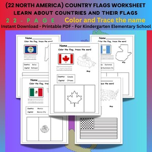 Nordamerika Country Flaggen Arbeitsblatt - 22 Seiten PDF - Farbe und Spur - Hauptstädte & Karten - Kindergarten Geographie Aktivität
