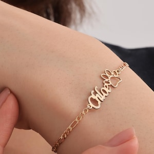 Bracelet avec nom de patte personnalisé en argent sterling avec nom de patte Bracelet de patte avec nom personnalisé Bracelet avec patte délicate pour animal de compagnie pour maman