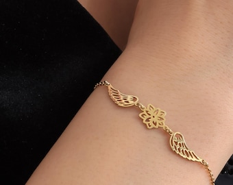 Collar personalizado de plata de ley con alas de ángel y flor de nacimiento