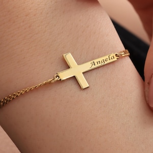 Gold Cross Bracelet with Name  Custom Cross Bracelet for Women Cross Name Bracelet Baptism Gift Girl First Communion Gifts for Girls