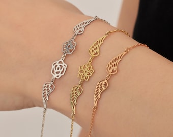 Dainty Gold Angel Wings Bracelet Angel Wings Flower Bracelet with Flower Sterling Silver Guardian Angel Bracelet for Mom Unique Gift for Her