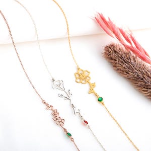 Birthflower Necklace with Initial Sideways Birth Flower Necklace with Birthstone Custom Letter Necklace Dainty Mother Day Gift