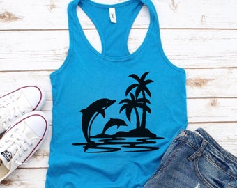 Dolphins Tank Top - Women’s and Teen Racerback Tank Shirt Birthday, Palm Tree Summer, Spring, Casual Beach Gift