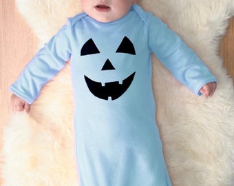 Blue Jack-O-Lantern Baby Gown Spooky Baby Clothing Halloween Blue Pumpkin Costume Newborn Fall Coming Home Outfit Boy
