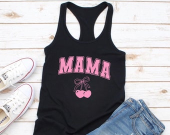 Mama Cherries Tank Top - Women’s Racerback Black Tank Shirt Birthday, Mother’s Day Gift For Mom