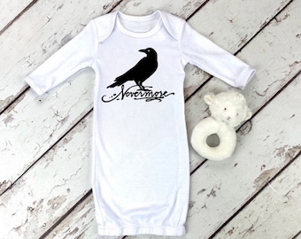 Nevermore Gown Neutral Baby Clothing Raven Poe Newborn Fall Coming Home Outfit Boy Girl Spooky Halloween