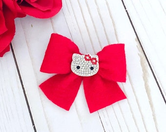 Red Kitty Hair Bow -Rhinestone Cat Felt Hair Clip Accessory