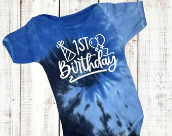 Baby's First Birthday Blue Tie Dye Baby Bodysuit - Boy’s Birthday Party Top Cake Smash Boho Shirt