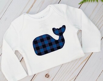 Baby Boy's Blue Whale Buffalo Plaid Nautical Baby Bodysuit