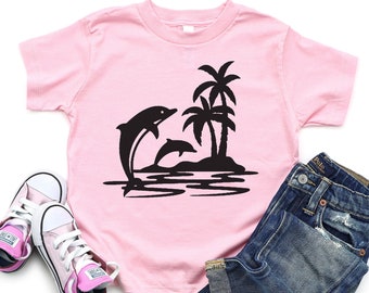 Dolphin Girl’s Shirt Beach Party Top Toddler Teens Womens Babies Palm Tree Tropical Birthday Girls Gift