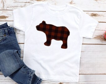 Baby Bear Boy’s Brown Bear Buffalo Plaid White Top Boy’s Gift Birthday Baby Shower