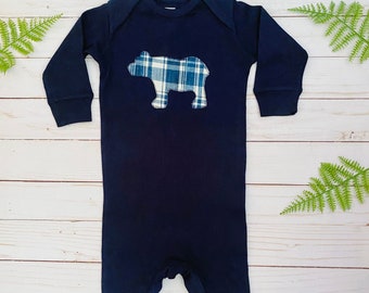 Baby Bear Boy’s Navy Blue Long Sleeve Romper Coverall Jumpsuit Buffalo Plaid Top Boy’s Gift