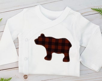 Baby Bear Neutral Side Snap Kimono Bodysuit Baby Boy Girl Top Baby Shower Gift Brown Buffalo Plaid Bear