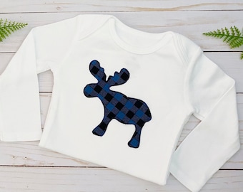 Baby Boy's Blue Moose Buffalo Plaid Forest Animal Baby Bodysuit