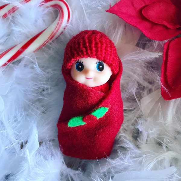 Newborn Baby Elf Doll Red Holly Christmas Birthday Holiday Gift